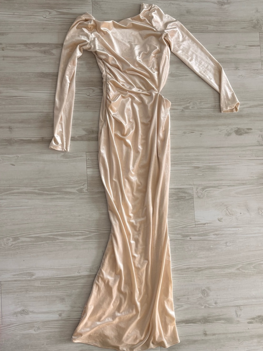 Long Sleeve Satin velvet Maxi Dress in Nude